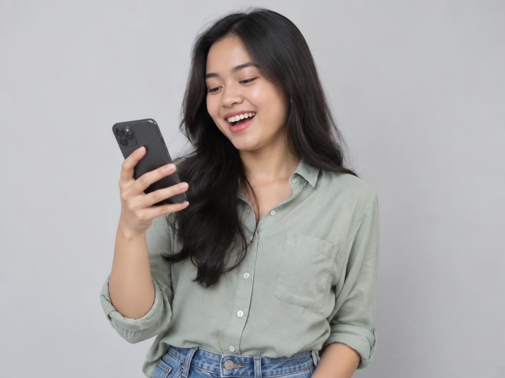 Pemilik bisnis tersenyum membalas chat pelanggan di WhatsApp